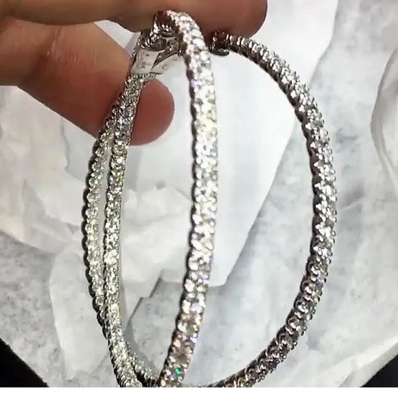 NEW~ Anthropologie Pavé Crystal Silver Hoop Earrings - Picture 8 of 8